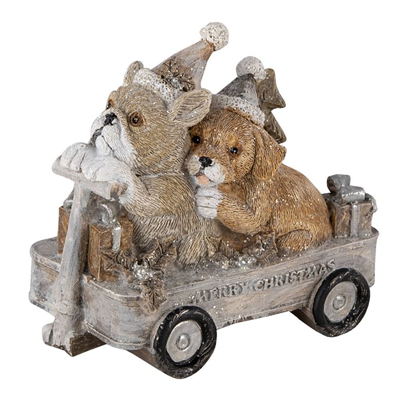 Foto van Clayre & eef kerstdecoratie beeld honden 10*6*9 cm grijs beige wit kunststof decoratief figuur decoratieve accessoires