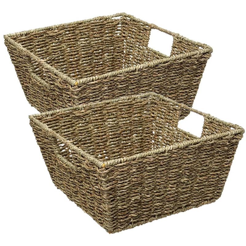 Foto van 5five rieten opbergmand - 2x - gevlochten - beige/zwart - 31 x 31 x 15 cm - kastmanden - opbergmanden