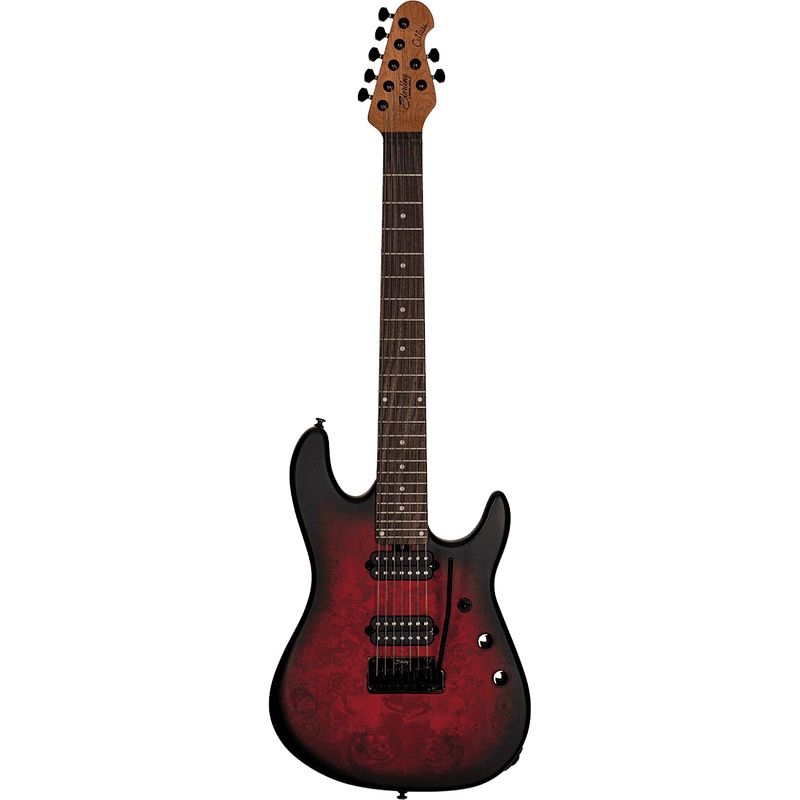 Foto van Sterling by music man jason richardson cutlass 7 dark scarlet burst satin 7-snarige elektrische gitaar met deluxe gigbag