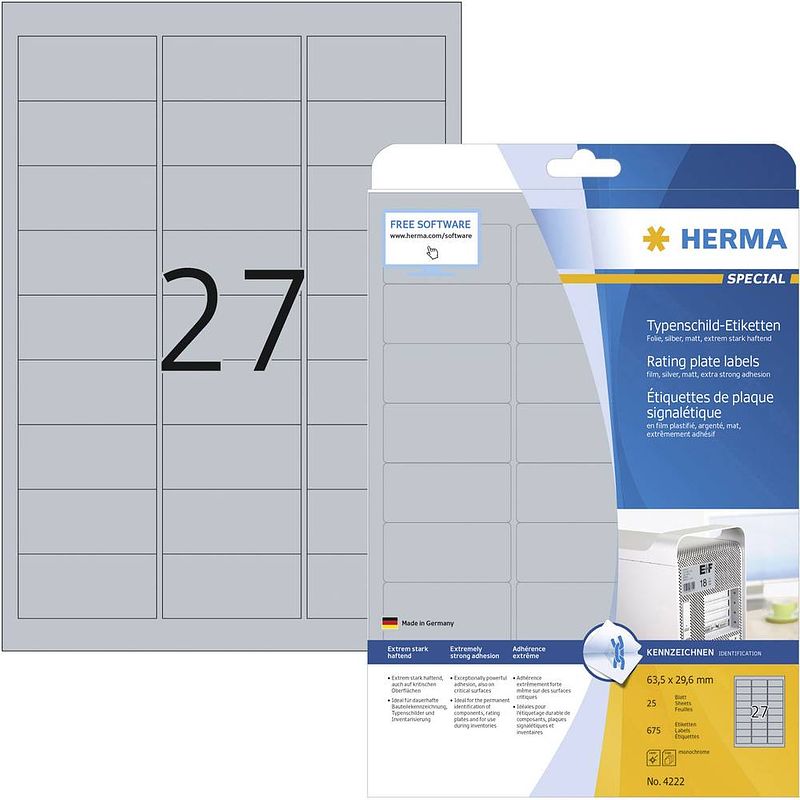 Foto van Herma 4222 etiketten 63.5 x 29.6 mm polyester folie zilver 675 stuk(s) permanent etiketten voor typeplaatjes laser, kopie