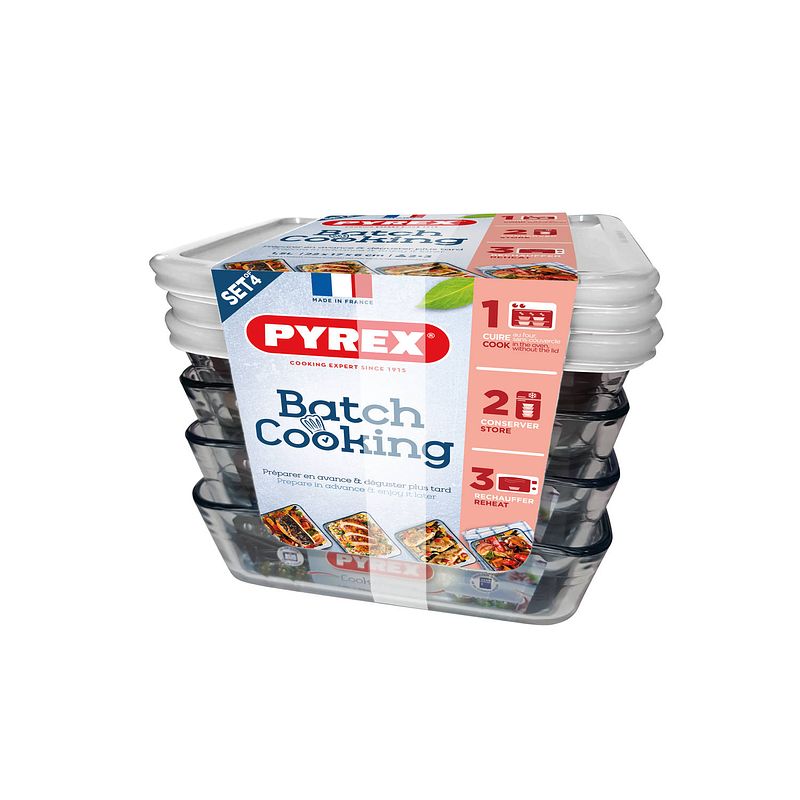 Foto van Pyrex batchcooking cook & freeze 4 rechthoekige schalen met plastic deksel 22x17x6 cm