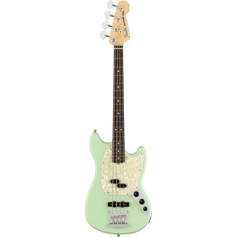 Foto van Fender american performer mustang bass satin surf green rw