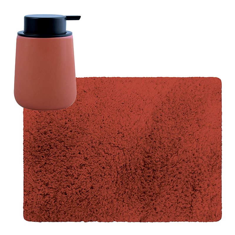 Foto van Msv badkamer droogloop tapijt - langharig - 50 x 70 cm - incl zeeppompje zelfde kleur - terracotta - badmatjes