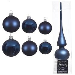 Foto van Groot pakket glazen kerstballen 50x donkerblauw glans/mat 4-6-8 cm met piek mat - kerstbal