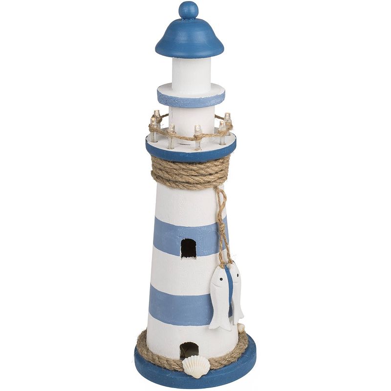 Foto van Vuurtoren beeldje met led licht - hout - 10 x 30 cm - wit/blauw - maritieme decoraties binnen - beeldjes