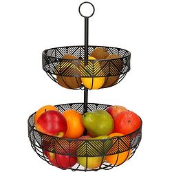 Foto van Dubbele etagere fruitschaal/fruitmand rond zwart metaal 30 x 42 cm - fruitschalen