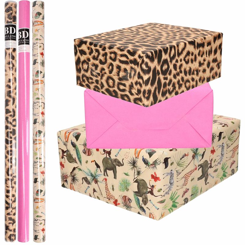 Foto van 6x rollen kraft inpakpapier jungle/panter pakket - dieren/luipaard/roze 200 x 70 cm - cadeaupapier