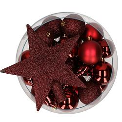 Foto van Decoris kerstballen pakket van 33 stuks met ster piek 5-6-8 cm kunststof donkerrood - kerstbal