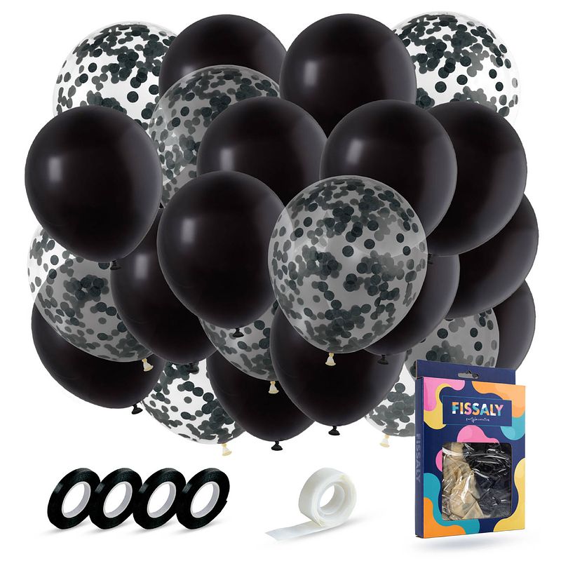 Foto van Fissaly® 40 stuks zwarte ballonnen met lint - verjaardag versiering decoratie - papieren confetti - helium - latex