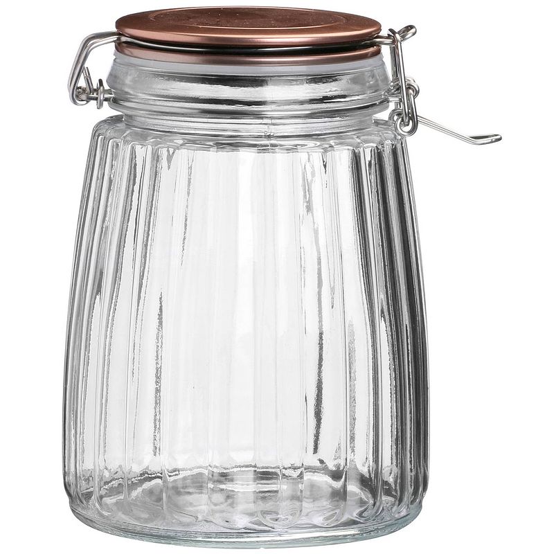 Foto van Urban living voorraadpot/bewaarpot - 1,5l - glas - met beugelsluiting - koperen deksel - voorraadpot