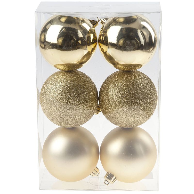 Foto van 6x gouden kunststof kerstballen 8 cm - mat/glans/glitter - onbreekbare plastic kerstballen - kerstboomversiering goud