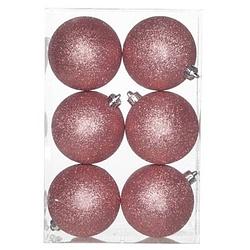 Foto van 6x kunststof kerstballen glitter roze 8 cm kerstboom versiering/decoratie - kerstbal