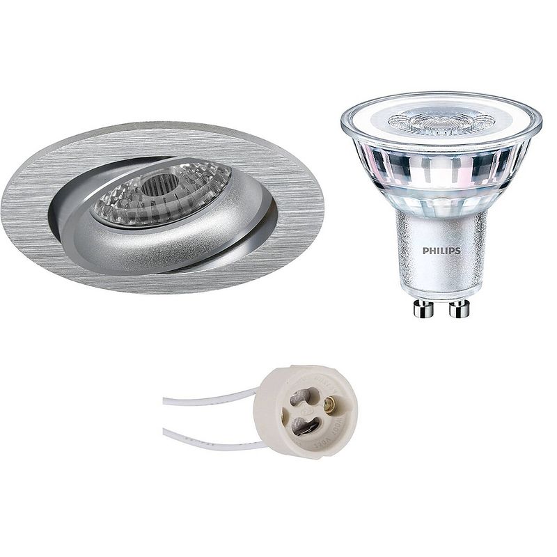 Foto van Led spot set - pragmi delton pro - gu10 fitting - inbouw rond - mat zilver - kantelbaar - ø82mm - philips - corepro 840