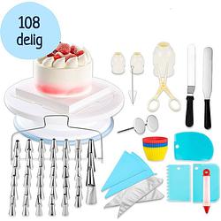 Foto van Perow taart decoratie set - 108 delig - taart & cupcake versiering - draaibaar taartplateau + herbruikbare spuitzak