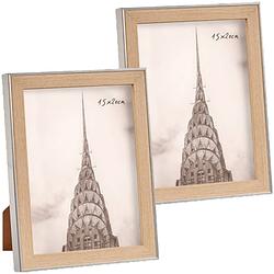 Foto van 2x stuks kunststof fotolijst zilver met hout geschikt voor een foto van 15 x 20 cm - fotolijsten