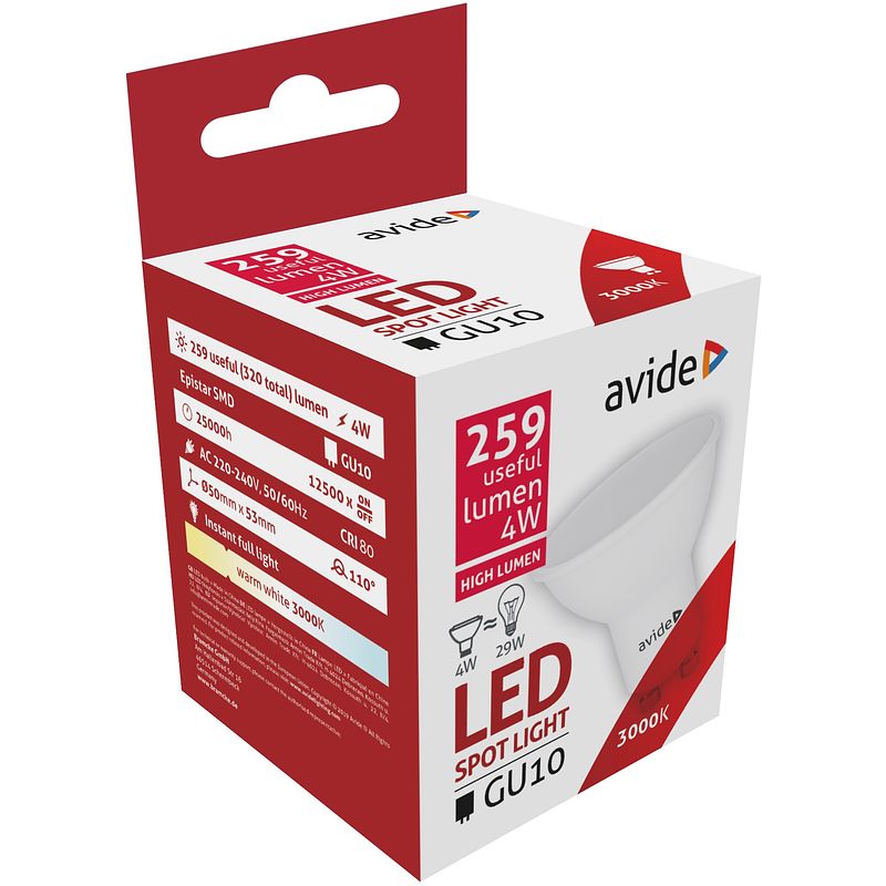 Foto van Avide led spot alu+plastic 4w gu10 ww 110°