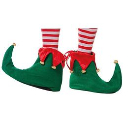 Foto van Kerstelf schoentjes/pantoffel groen/rood voor volwassenen - kerst elfen accessoires