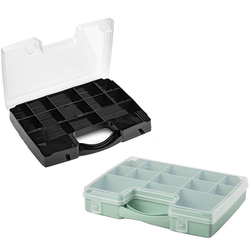 Foto van Forte plastics - opberg vakjes doos/sorteerbox - 13-vaks kunststof - 27 x 20 x 3 cm - zwart en groen - opbergbox