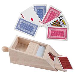 Foto van Houten blackjack kaartgever/slof met handvat 28 x 11,5 x 9,5 cm inclusief 4x sets speelkaarten - speelkaarthouders