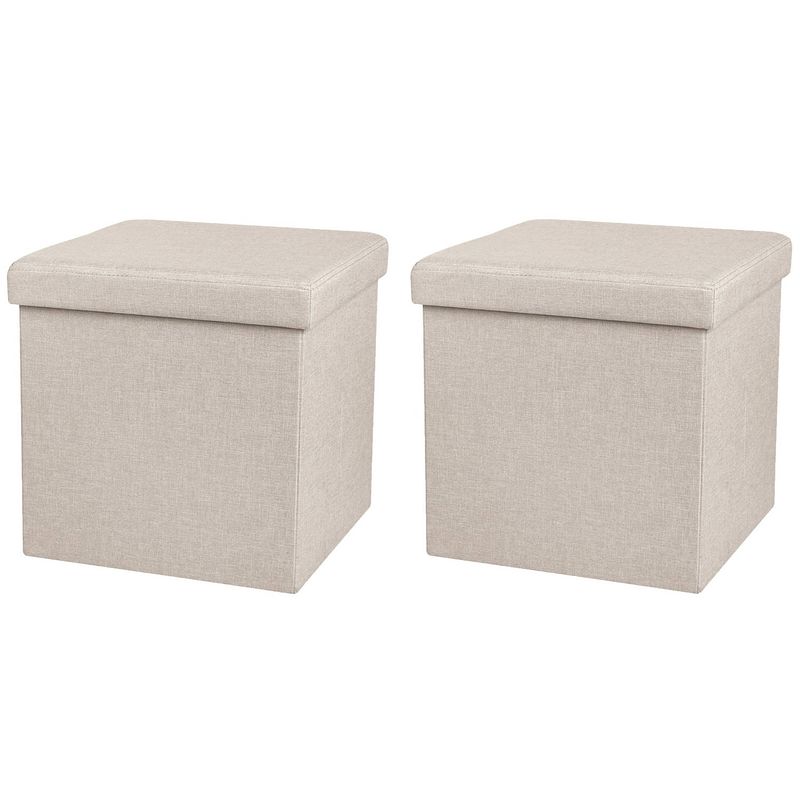 Foto van Urban living poef/hocker - 2x - opbergbox zit krukje - beige - linnen/mdf - 37 x 37 cm - opvouwbaar - poefs