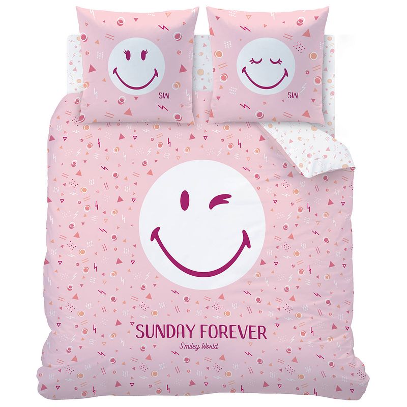 Foto van Smiley world sunday dekbedovertrek - tweepersoons - 240 x 220 cm - roze