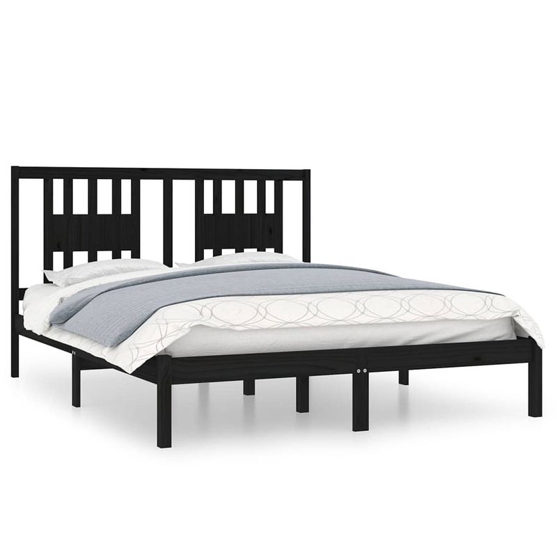 Foto van The living store houten bedframe - zwart - 205.5 x 166 x 100 cm - massief grenenhout - geschikt voor 160 x 200 cm