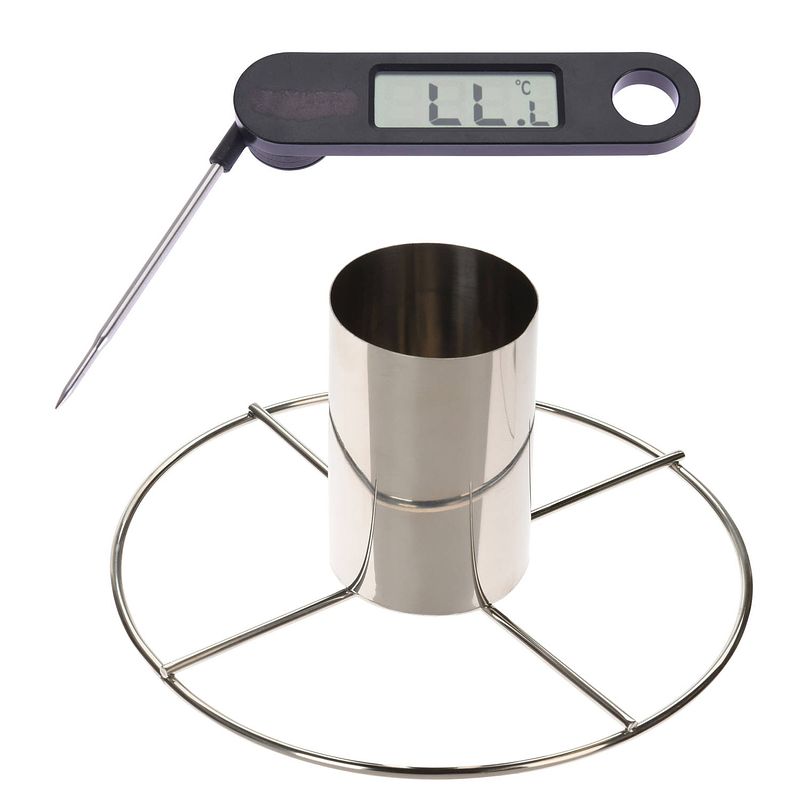 Foto van Kiprooster/kippengrill voor de barbecue/bbq/oven rvs 20 cm met vleesthermometer / braadthermometer - barbecueroosters