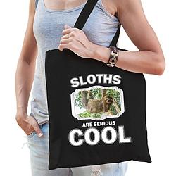 Foto van Katoenen tasje sloths are serious cool zwart - luiaarden/ hangende luiaard cadeau tas - feest boodschappentassen