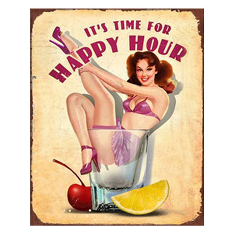 Foto van Clayre & eef tekstbord 20x25 cm beige roze ijzer rechthoek it'ss time for happy hour wandbord beige wandbord