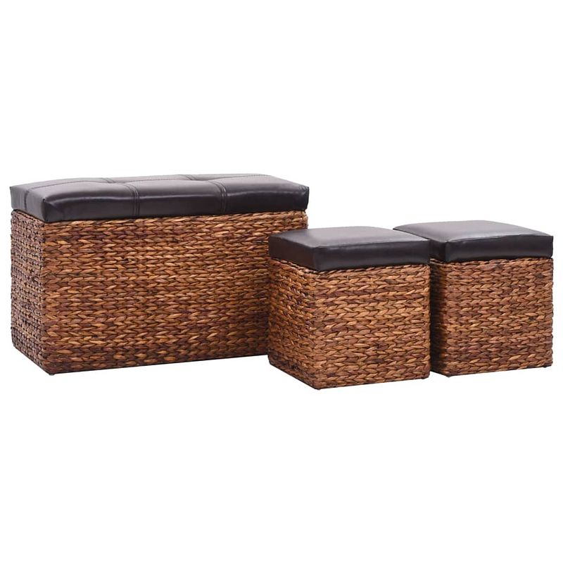 Foto van The living store bankstel zeegras - bankje 75x38x46cm - poefs 33x30x36cm - bruin/zwart