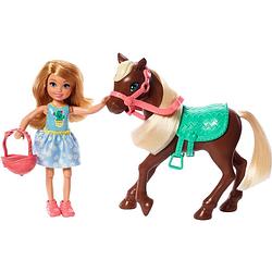 Foto van Barbie tienerpop chelsea & pony 15 cm bruin/blauw 4-delig