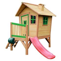 Foto van Axi robin speelhuis op palen & rode glijbaan speelhuisje voor de tuin / buiten in bruin & groen van fsc hout