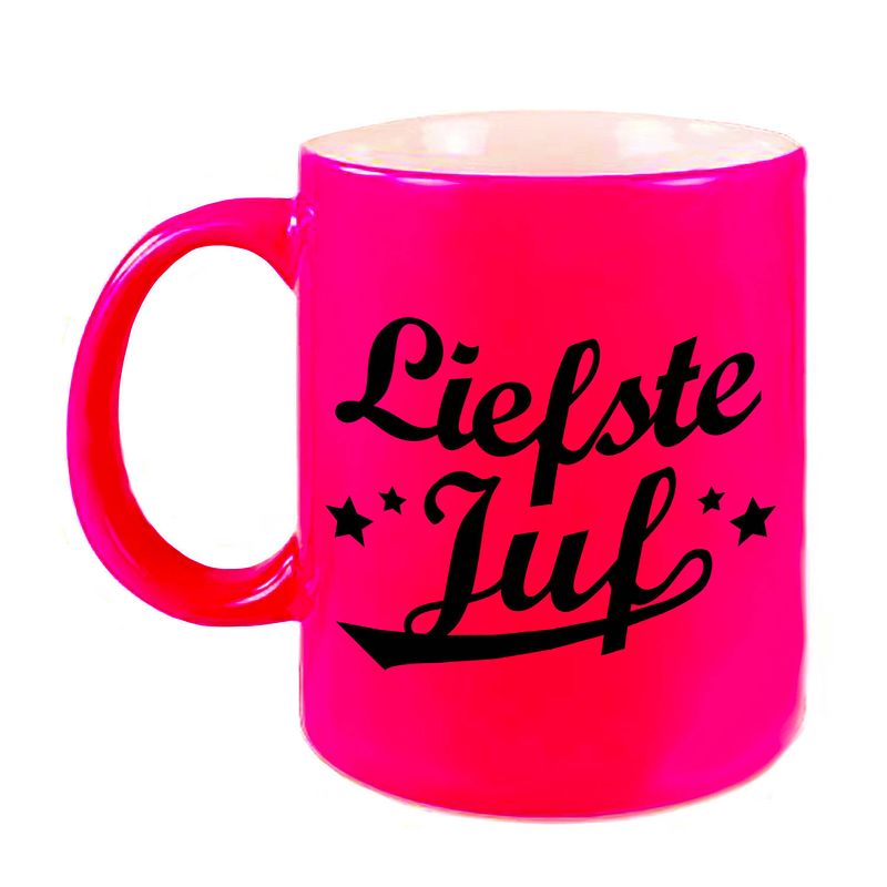 Foto van Liefste juf cadeau mok / beker neon roze 330 ml - feest mokken