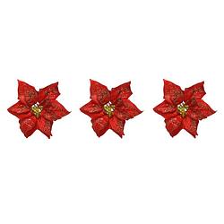 Foto van 3x stuks decoratie bloemen kerstster rood glitter op clip 20 cm - kersthangers