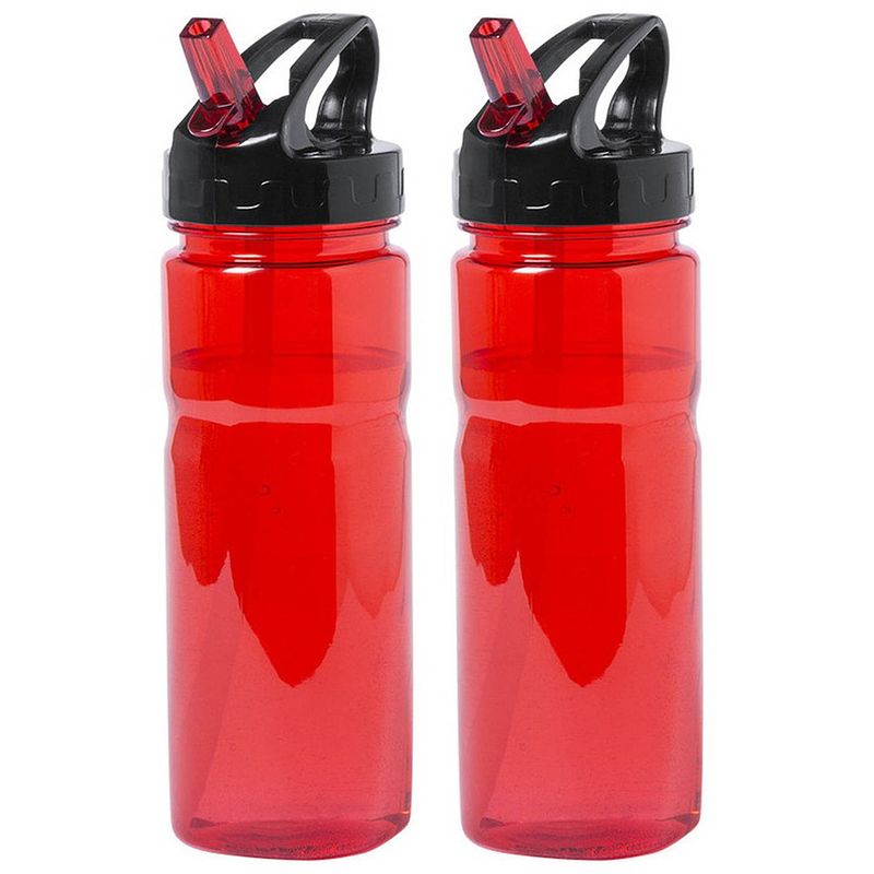 Foto van Kunststof waterfles/drinkfles/sportfles - 2x - rood - met drinktuit - 650 ml - drinkflessen