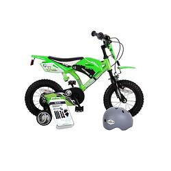 Foto van Volare kinderfiets motorbike - 12 inch - groen - twee handremmen - inclusief fietshelm + accessoires