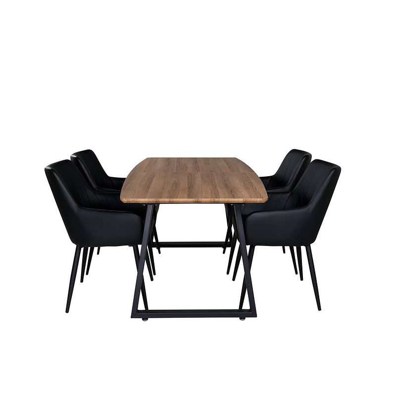 Foto van Incanabl eethoek eetkamertafel uitschuifbare tafel lengte cm 160 / 200 el hout decor en 4 comfort eetkamerstal pu