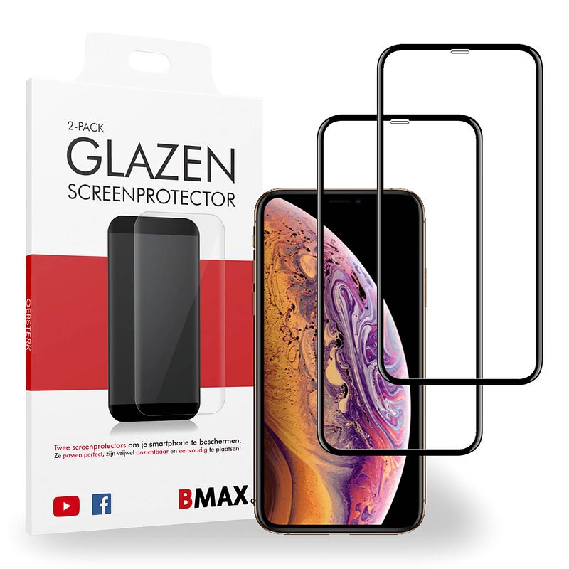 Foto van 2-pack bmax apple iphone xs screenprotector - glass - full cover 5d - black