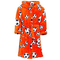 Foto van Badjas/ochtendjas oranje fleece voetbal print voor kinderen. 110/116 (5-6 jr) - badjassen