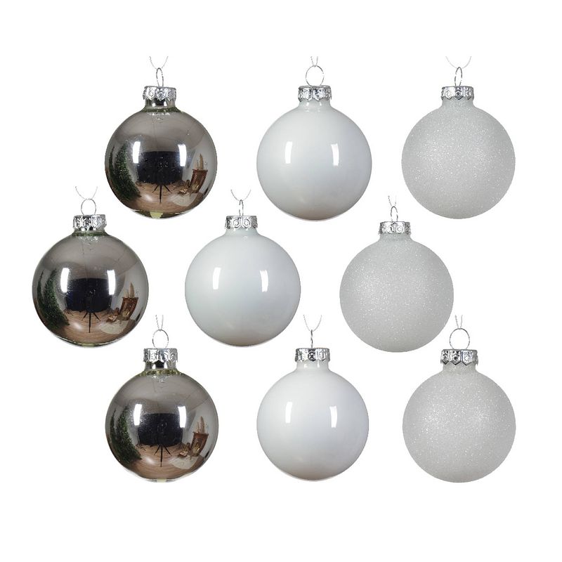 Foto van Decoris - kerstbal glas d7 cm wit/zlvr ass 21st kerst