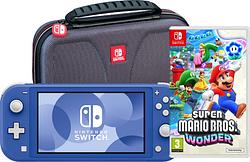 Foto van Nintendo switch lite blauw + super mario bros. wonder + beschermhoes