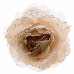 Foto van Kerstdecoratie bloemen roos creme op clip 14 cm - kersthangers