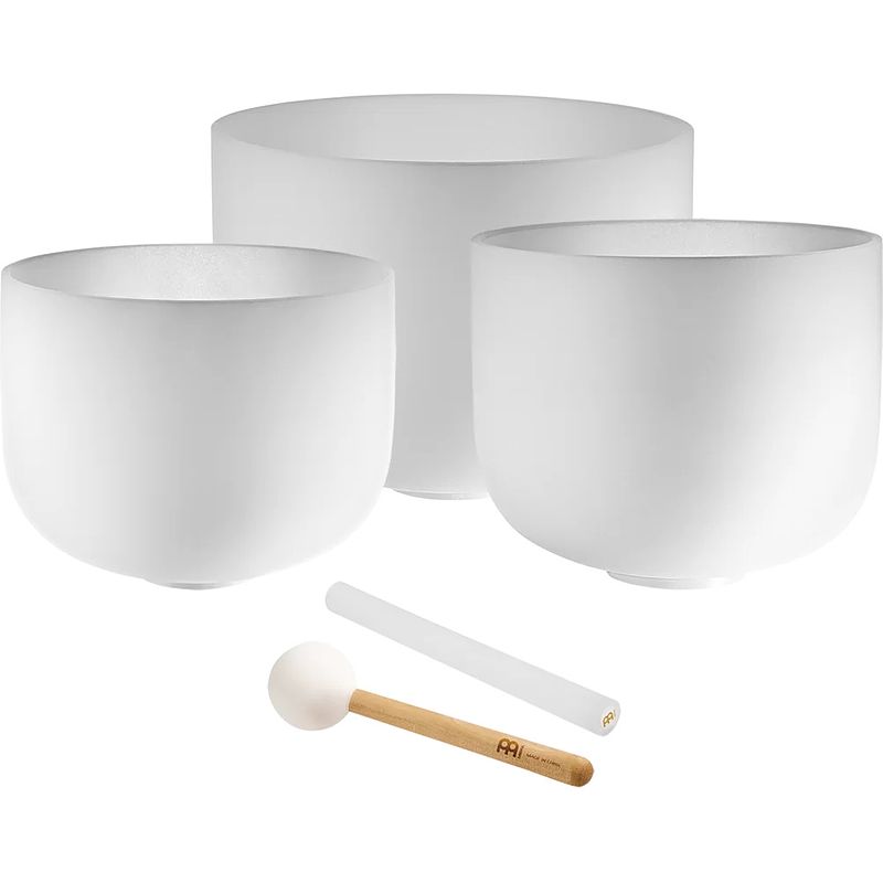 Foto van Meinl sonic energy white frosted crystal singing bowl klankschalen set (a4, f4, d4)