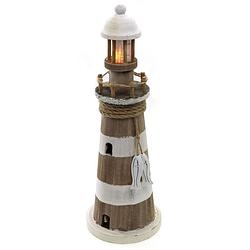 Foto van Vuurtoren beeldje met led licht - hout - 12 x 35 cm - wit/bruin - maritieme decoraties binnen - beeldjes