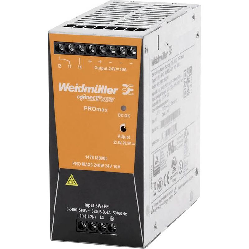 Foto van Weidmüller pro max3 240w 24v 10a din-rail netvoeding 12 v/dc 10 a 240 w