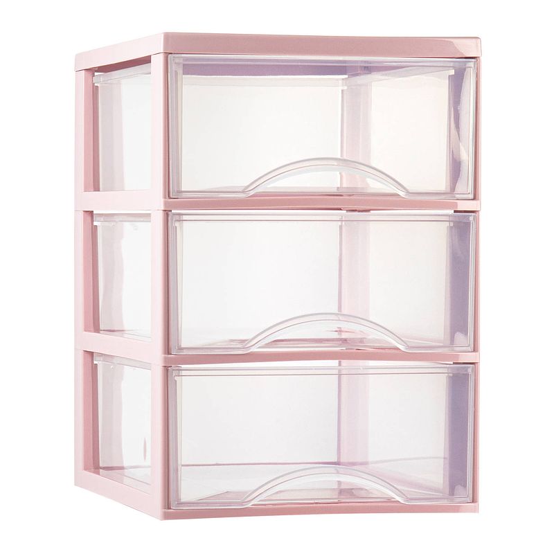 Foto van Plasticforte ladeblokje/bureau organizer 3x lades - transparant/roze - l26 x b36 x h37 cm - ladeblok