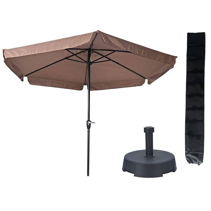 Foto van Parasol gemini taupe ø300 cm + parasolvoet 25 kg + kinzo parasolhoes