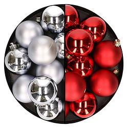 Foto van 24x stuks kunststof kerstballen mix van zilver en rood 6 cm - kerstbal