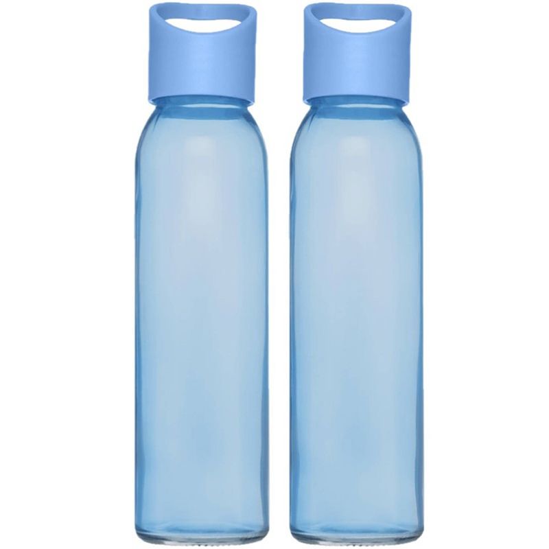 Foto van 2x stuks glazen waterfles/drinkfles transparant blauw met schroefdop met handvat 500 ml - drinkflessen