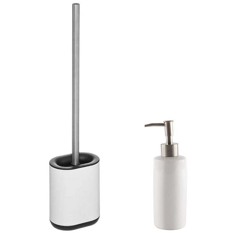 Foto van Wc-/toiletborstel en houder - wit - met zeeppompje 400 ml - badkameraccessoireset